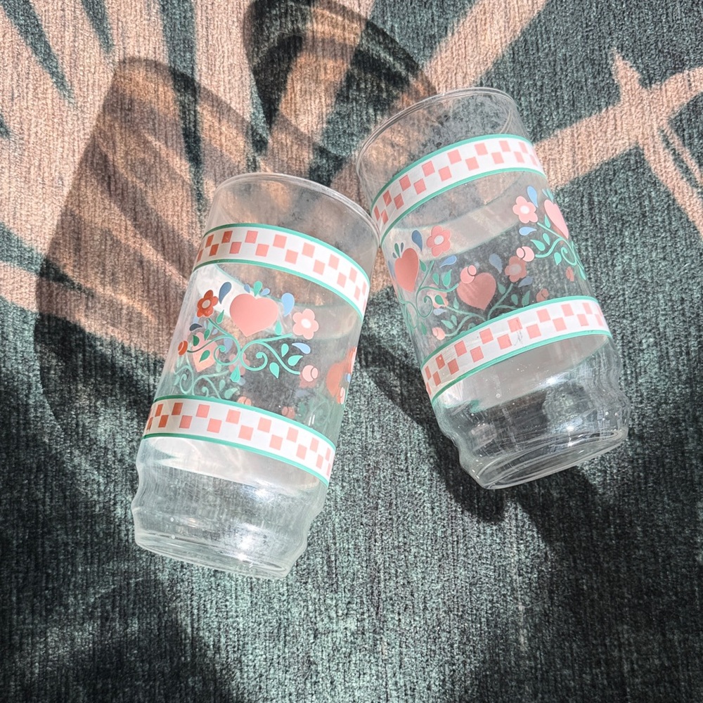 Vintage Floral Glass Tea Glasses/Tumblers - Pink and Green Set Of 2